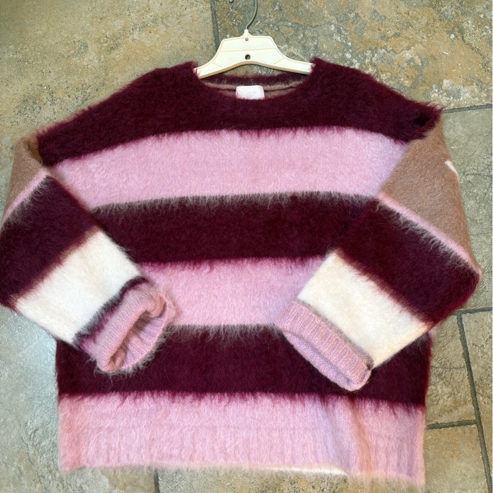 Cinq a Sept Fuzzy Striped Sweater in Pink and Burgundy